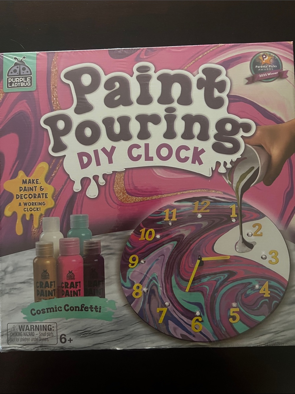 Paint Pouring DIY Clock Kit by Purple Ladybug — Pink & Multicolor